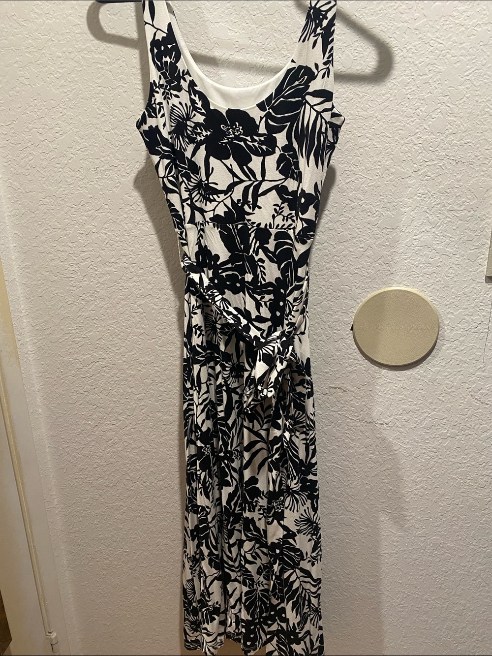 LOFT Black and White Floral Tie-Waist Maxi Dress